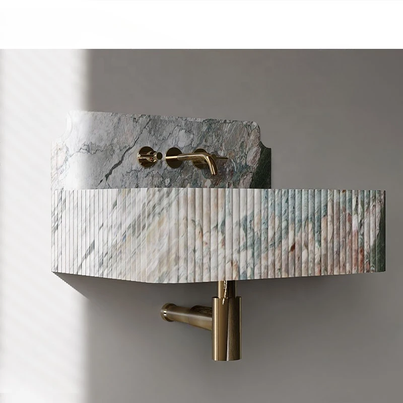 Waterproof natural cherry blossom marble small wall-mounted sink with custom logo support water droplets for bathroom decoration