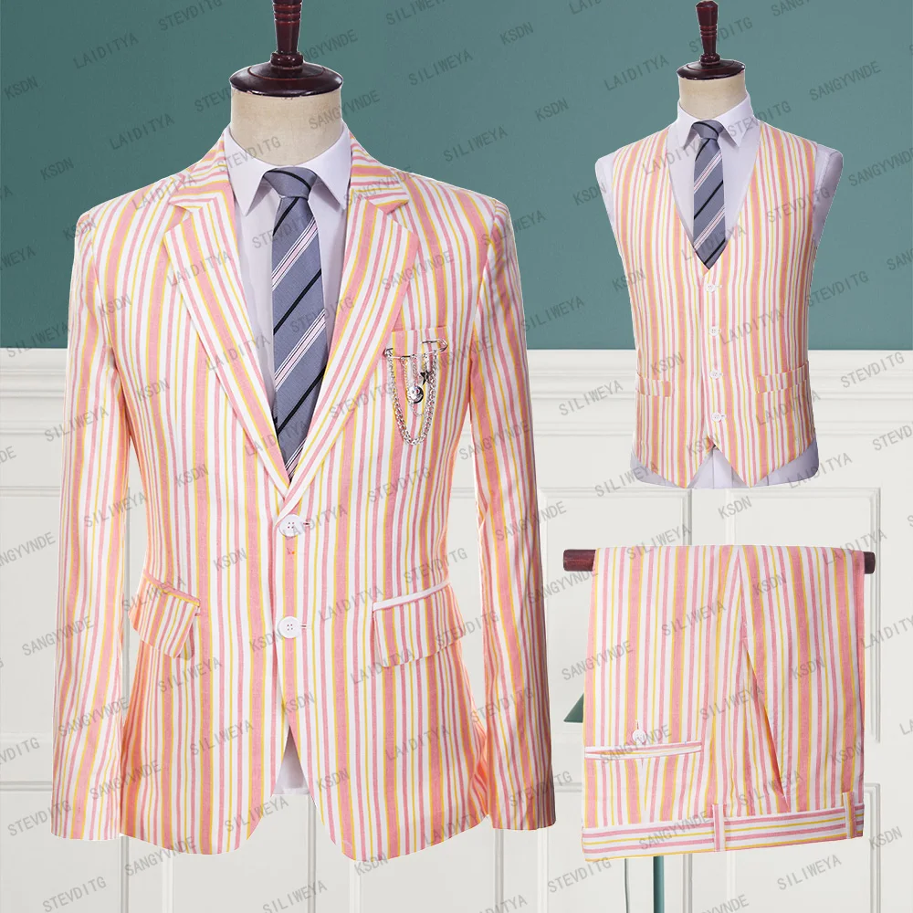 

2023 New Men Slim Fit Business Casual White Linen Suits Orange Pink Vertical Stripe Dress Wedding 3 Pcs Set Jacket Pants Vest