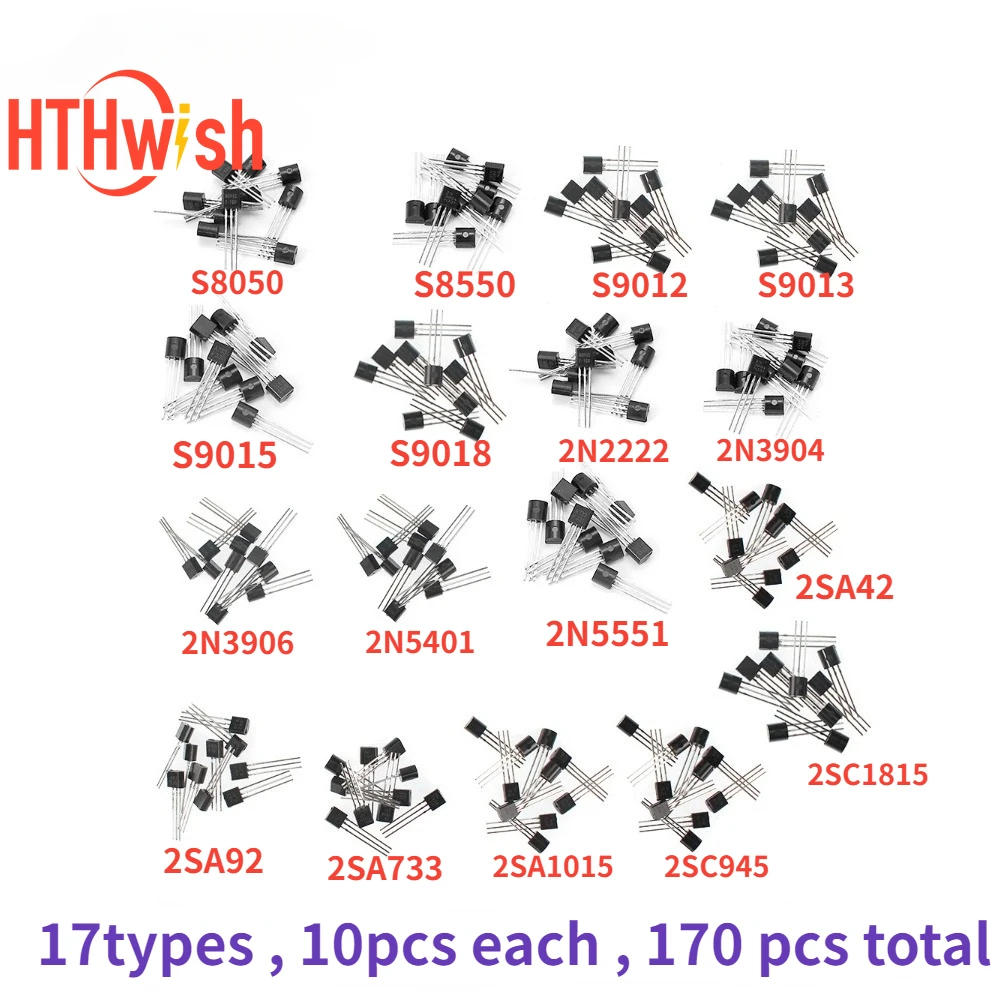 170pcs Transistor Assorted Kit 17Values  S9012 S9013 2N2222 S9015 S9018 A1015 C1815 A42 A92 2N5401 2N5551 A733 C945 S8050 S8550