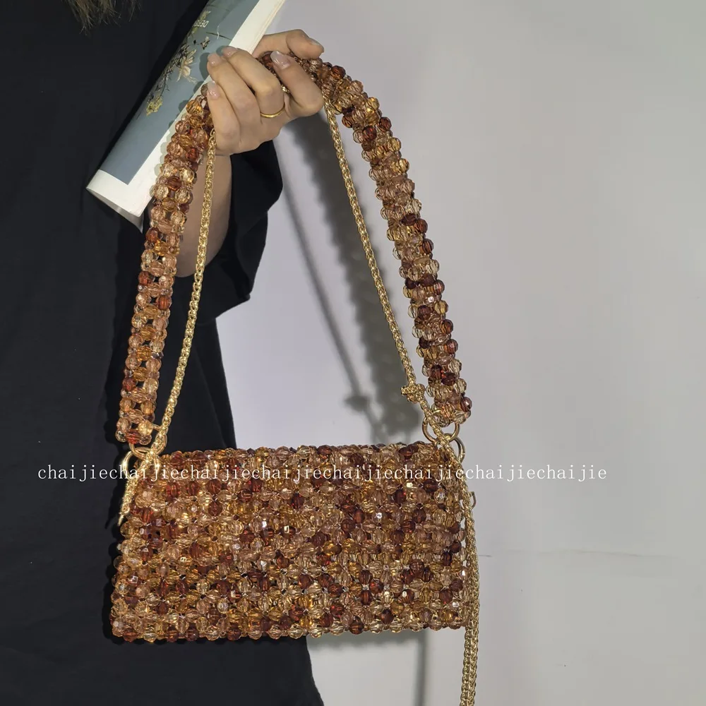 

New Advanced Mixed Color Handmade Bead Bag Made of Acrylic Weaving Fashionable Women's Shoulder Bags Chain Crossbody Handbag