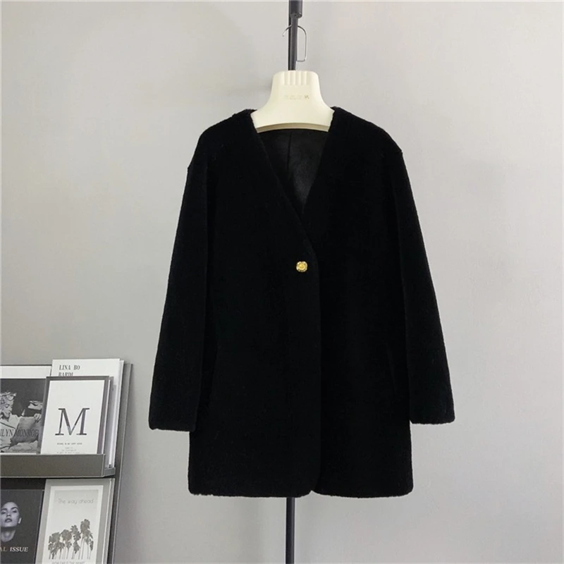 

Female Sheep Shearling Medium-length Suit Coat Women 2023 Fall and Winter Black Lamb Hair V-neck Thick Warm Jacket PT466