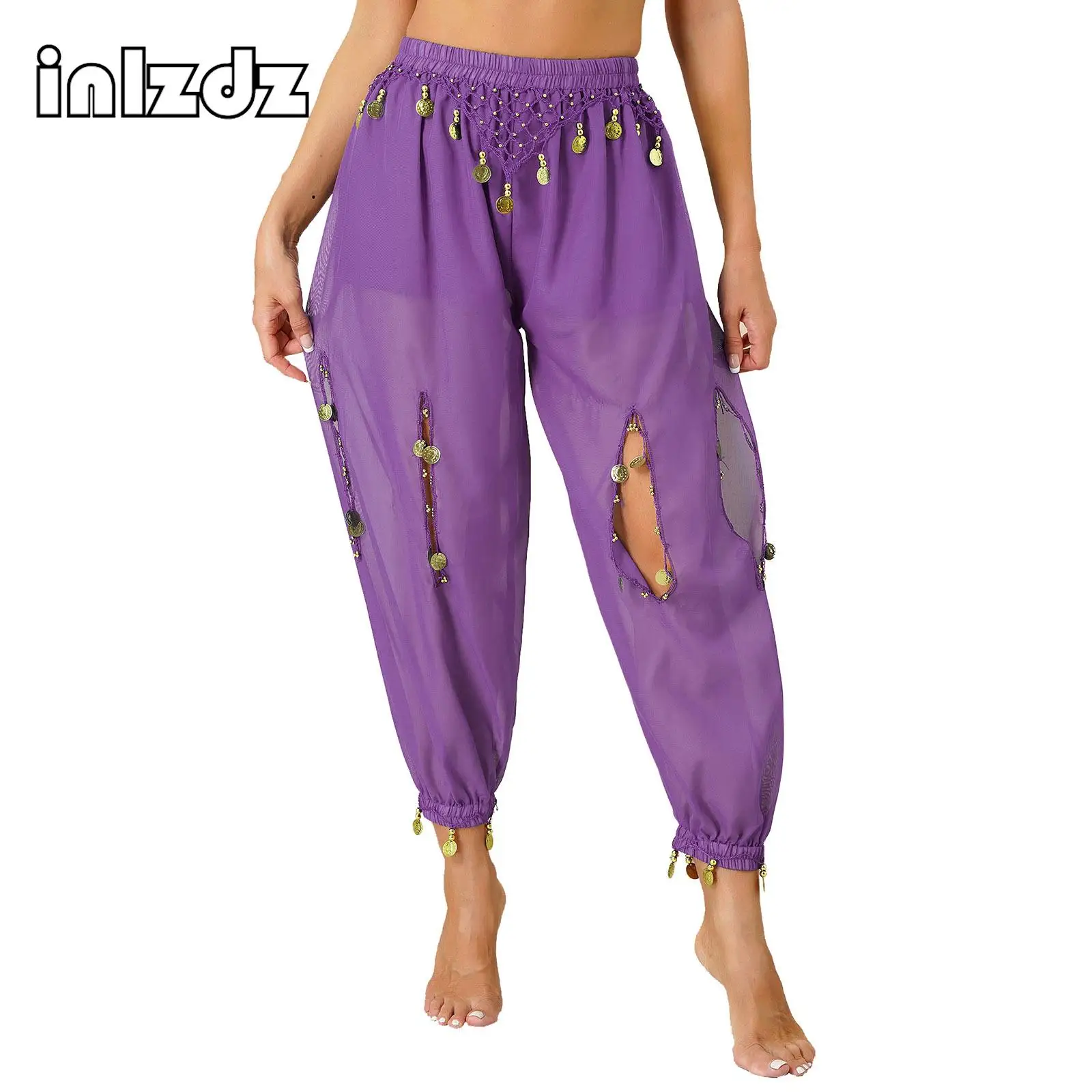 

Womens Stage Performance Belly Dance Pants Hollow Out Beads Coins Pendant See-Though Chiffon Bloomers Trousers