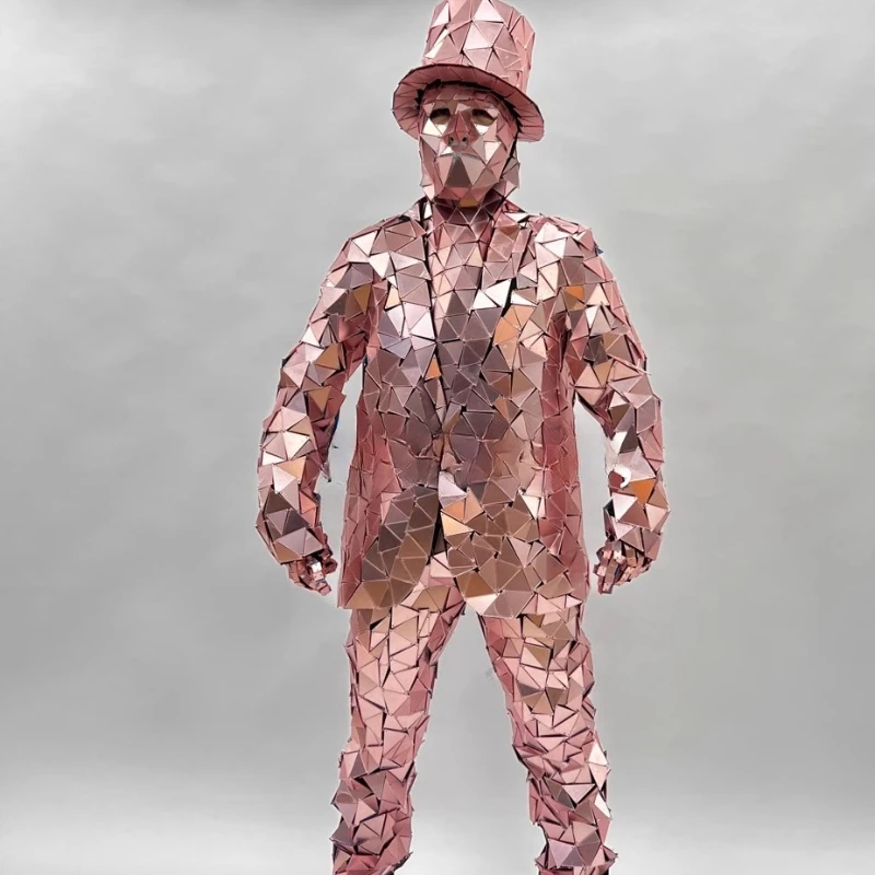 Fantasia masculina espelhada rosa, performance de palco, festa, show, roupas, coaplay, dj, bar, cantor, boate, traje festivo, cosplay