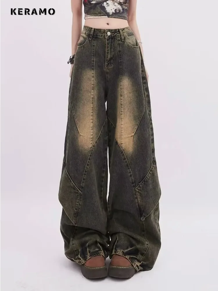 Retro weites Bein baggy lässige Jeans hose Harajuku gewaschen hohe Taille lose Jeans 2000 Sommer Damen Taschen 1920er Jahre Hosen