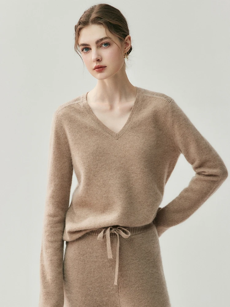 

Simple Women's Sweater 100% Cashmere Pullover Knitwear V-neck Soild Versatile Light Luxury Basic Long Sleeve Tops Autumn Winter