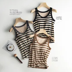 2024 Summer New Women's Tank Top Pajamas Thin Round Neck  With Chest Pads Tank Top Stripe Sports Bottom Short Home For Ladies