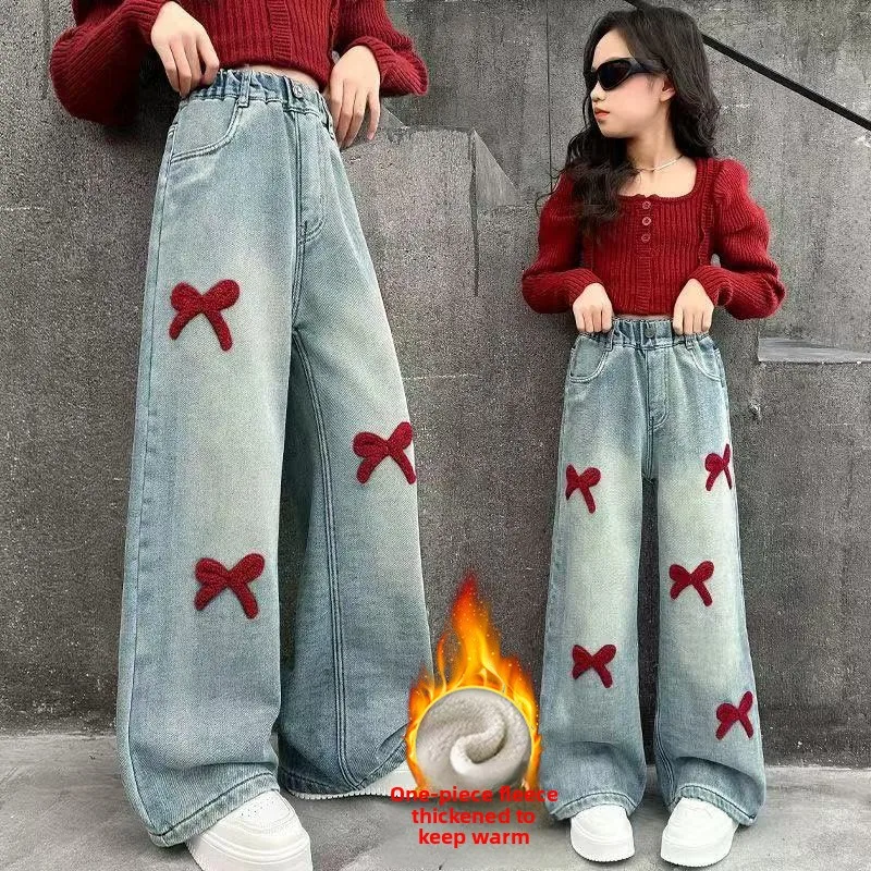 Autumn Winter New Girls Jeans Bow Print Lining Plush Thick Warm Wide-Leg Denim Pants For 5-14Y Girls Korea Style Long Trousers