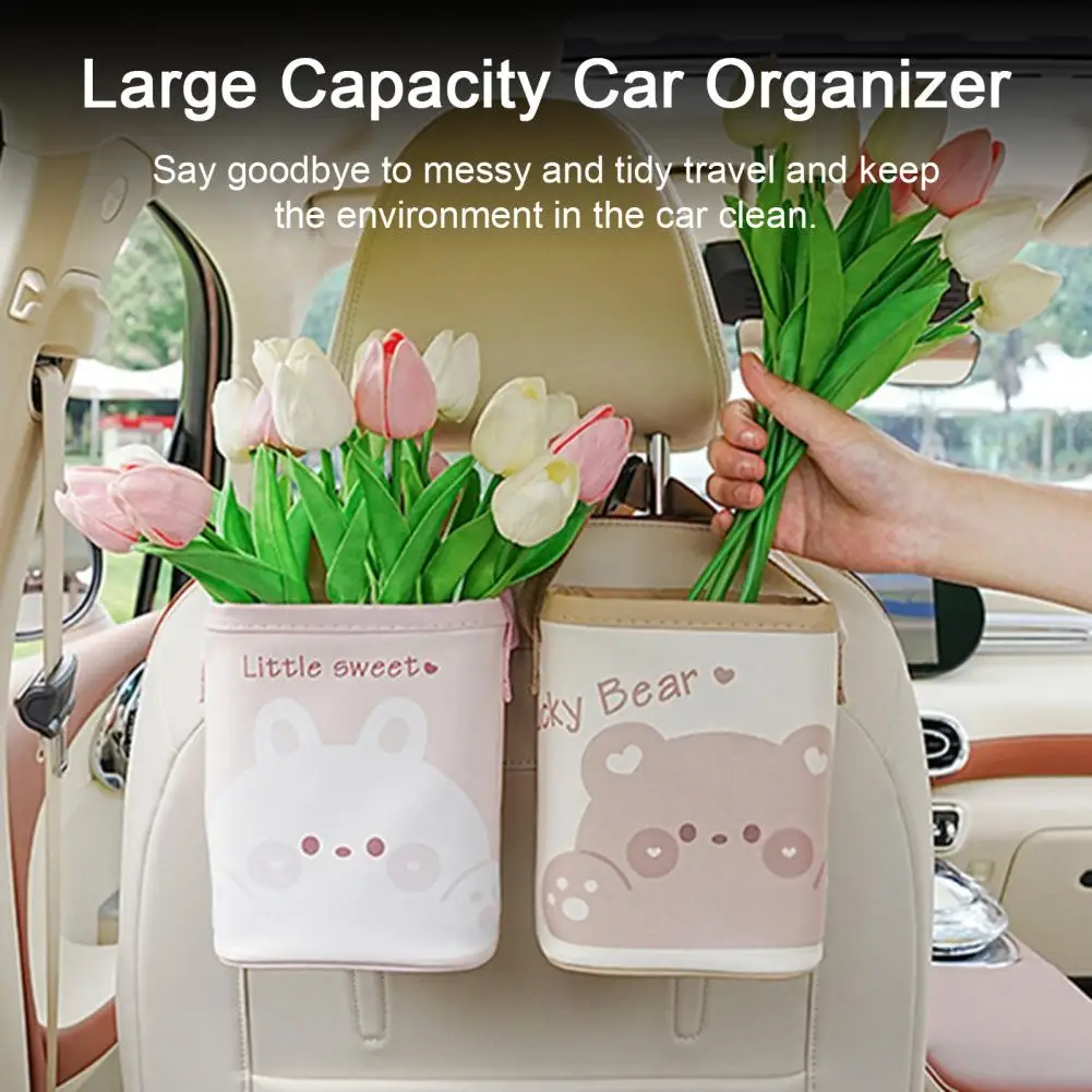 Car Storage Box Car Headrest Hanging Trash Can Cartoon Print Waterproof Auto Garbage Bag Organizer Collapsible Vehicle Waste Bin