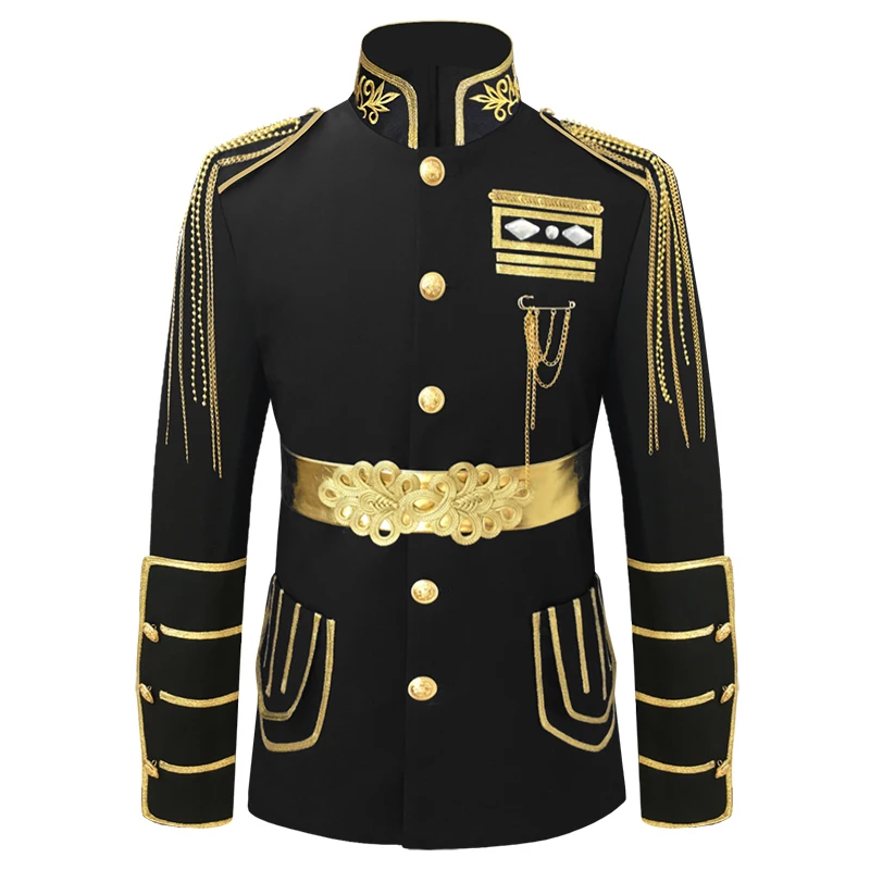 

Men Stage Performance Costume DJ Dance Jacket Gold Brocade Strip Blazers sash Decoration Dress Rock Singer Night Venue Host Coat