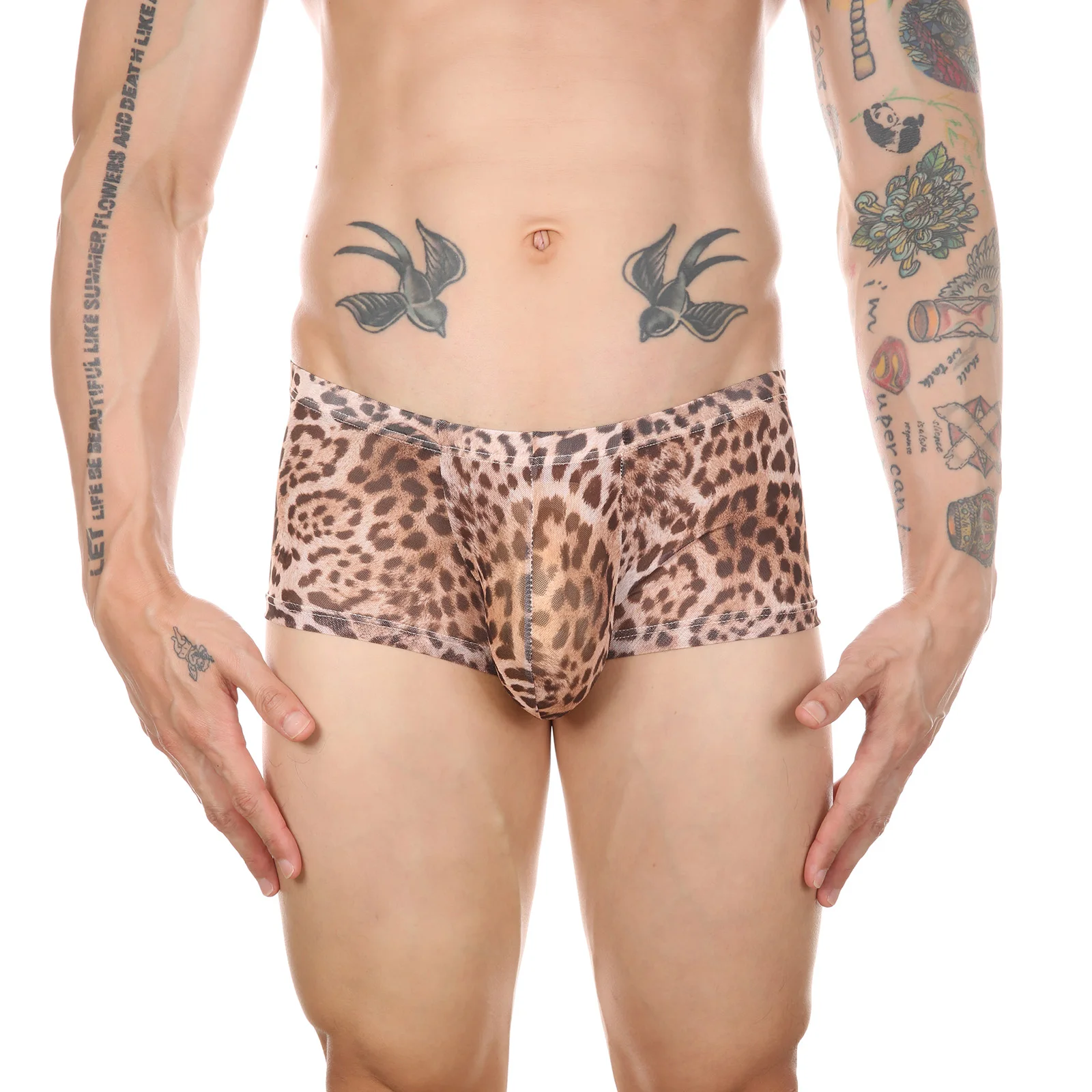 Men Sexy Underwear Boxers Shorts Mesh Sheer Lingerie Ultra Thin Transparent Leopard Underpants Penis Pouch Panties