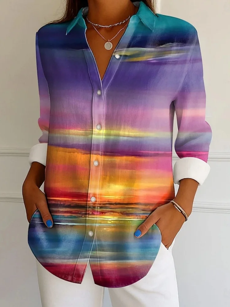 Fashionable Women's Comfortable Oversized Shirt Collar Long-Sleeve Design 3D Gradient Pattern Casual Long-Sleeve Shirt