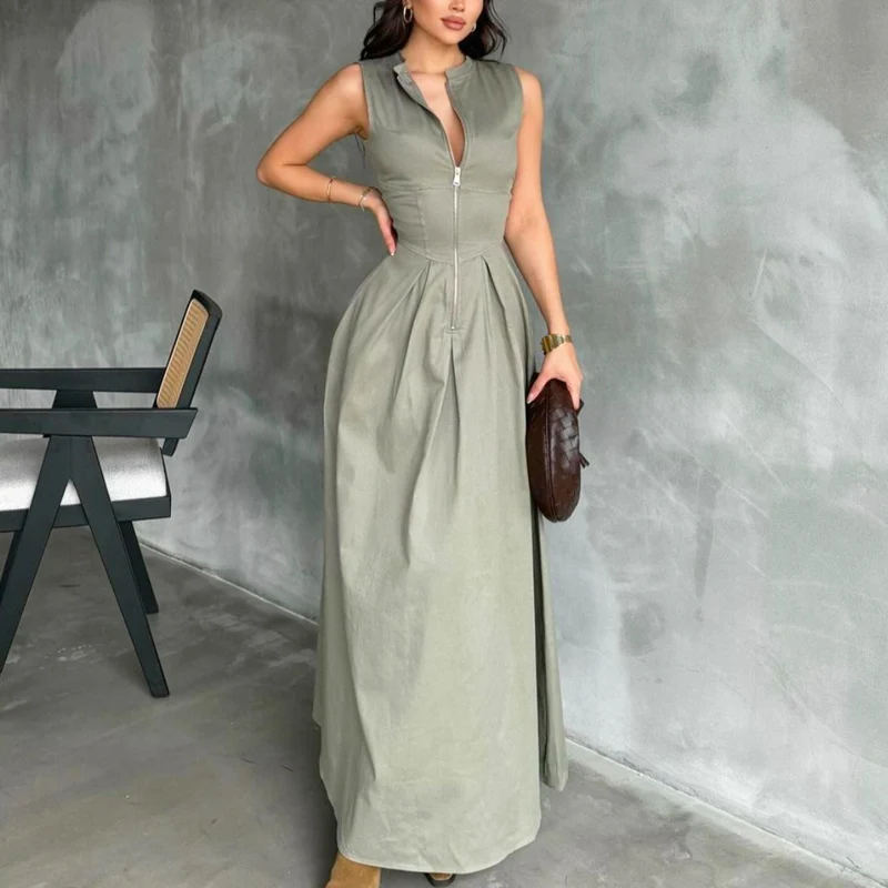 TRAF Elegant Women Long Dress Folds Sleeveless Zipper Lady Dress 2024 Spring Summer New Fashion Casual Office Women Clothing