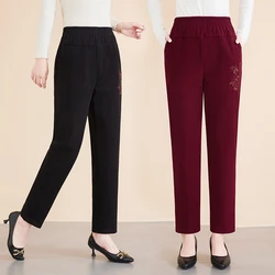 plus Size Corduroy Pants Middle-age Women Embroidery Corduroy Straight Pants Loose Warm Casual Trousers Mother Autumn Winter