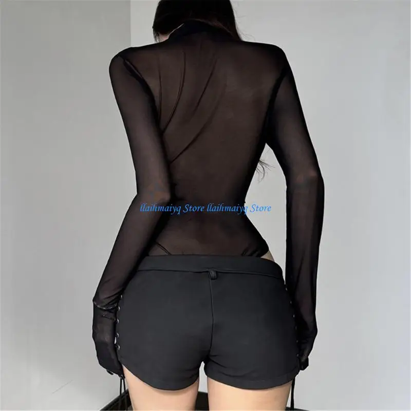 573B Sheer Mesh Long Sleeve Bodysuit with Butterfly Print Womens Casual Wear Jumpsuit