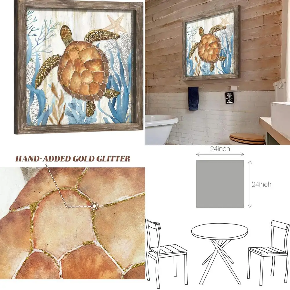 

24x24 Inch Coastal Wooden Sea Life Art: Modern Coral and Turtle Wall Decor for Home