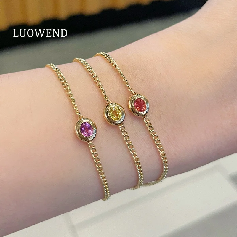 

LUOWEND браслет из 100% желтого золота 18 карат, кубинская цепочка, дизайн, романтический стиль, натуральный цвет, сапфировый браслет для женщин, изящные ювелирные изделия