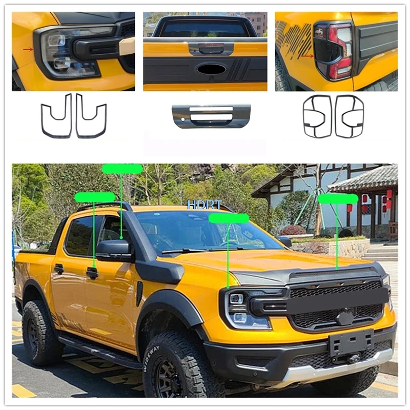 Car Style Front Racing Grille Mesh Trim Door Handle Gate Bowl Rear View Mirror Trunk Tail Light Cover For Ford Ranger T9 2023 +