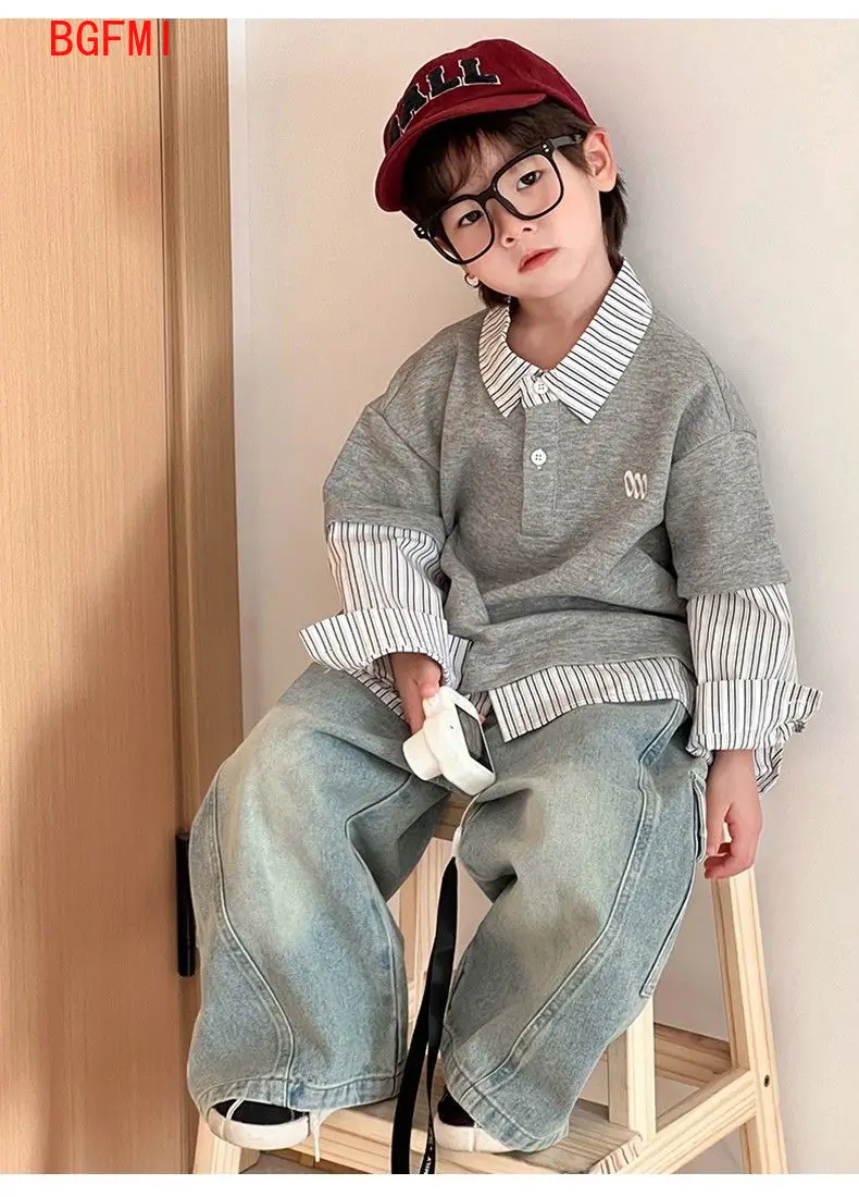 Korean Children's Jeans Loose Straight Pants Wide Leg Cargo Pants for Boys Girls New Spring Autumn Kid's Denim Pocket Trousers - Image 6