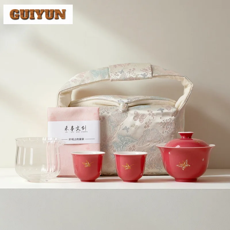 

Ручная роспись бабочка, дорожный чайный сервиз, винтажный 1 горшок, 3 чашки, органайзер для приготовления чая, портативные уличные пакеты, принадлежности для рукоделия