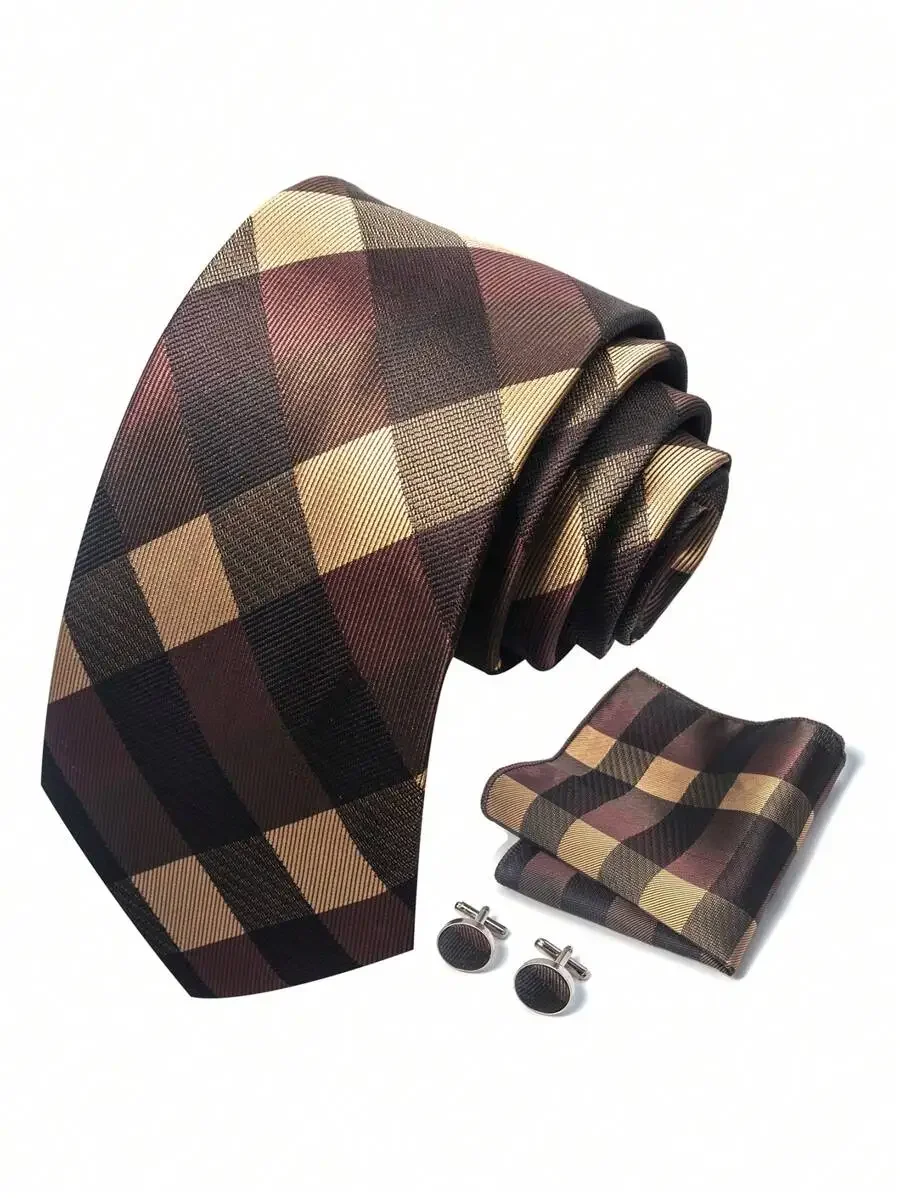 

Plaid Neck Tie Set With Handkerchief And Cufflinks For Men Brown 7.5cm Formal Accessories