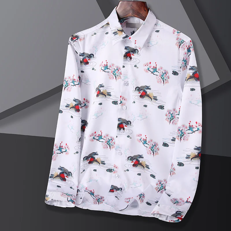 

Fashion Shirts Men Long Sleeve Turn-Down Collar Flower Print Shirts Casual Slim Business Work Wedding Shirts Men Clothing