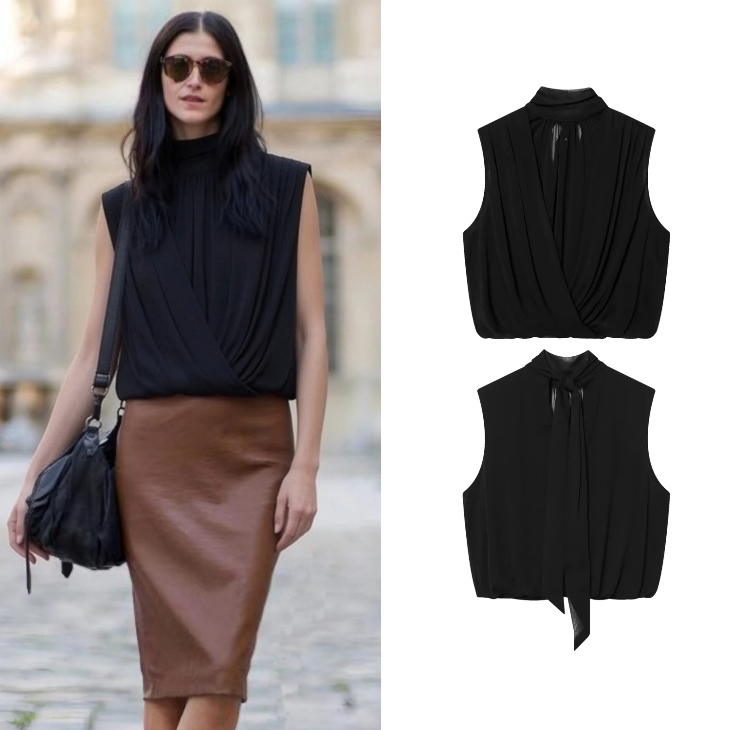 Women Draped Balloon Vest Shirt Summer  Female Turtleneck Sleeveless Tank Top Lady Chic Hight Street Crossover Puffed T shirt