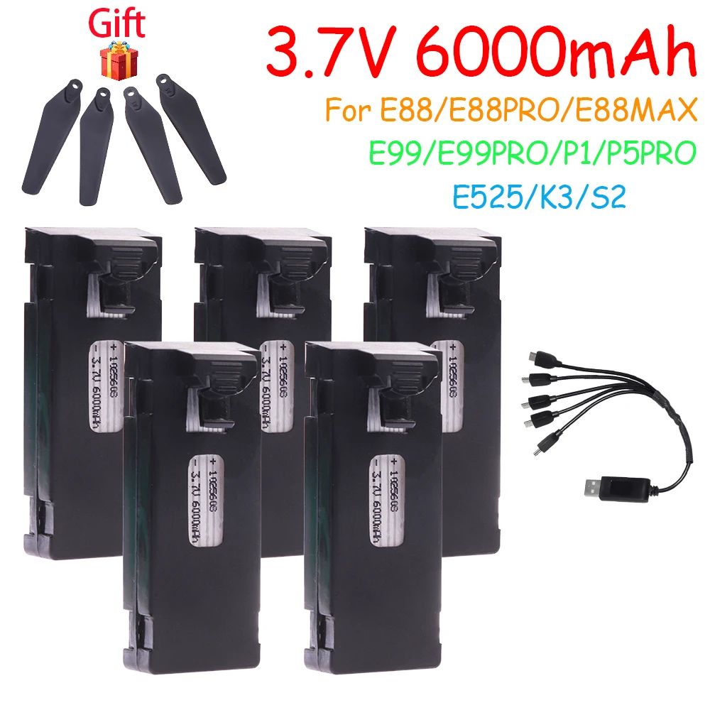 อุปกรณ์เสริมแบตเตอรี่โดรนอาร์ซี3.7V 6000mAh สำหรับ E88 E88PRO Ls-E525 E525PRO P1 K3ที่ชาร์จ S2ขนาดเล็ก UAV แบตเตอรี่โดรนพิเศษชิ้นส่วน RC