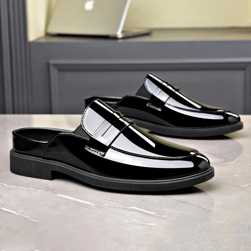 Men Black Patent Leather Mules Tassel Decor Slip on Loafers Thick Sole Half Slippers Formal Casual Footwear for Party Daily Wear