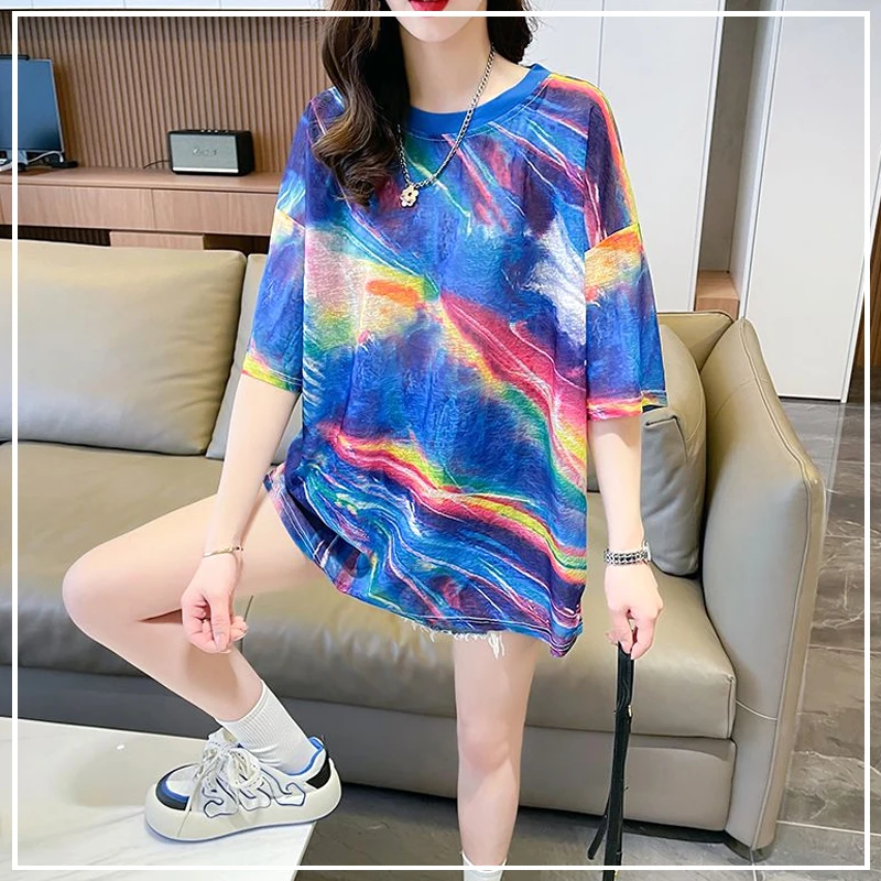 

2024 Summer Trend Personalized Fashion Round Neck Tie Dye Print Loose and Simple Casual Oversize Versatile Short Sleeved T-shirt