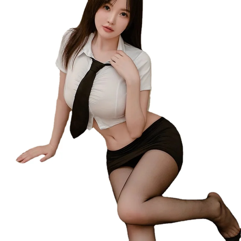 Secretary Office Lady Cosplay Uniform Teacher Role Play Open Chest Shirt Hip Wrap Skirt Women Underwear Sexy Lingerie Bowtie Set