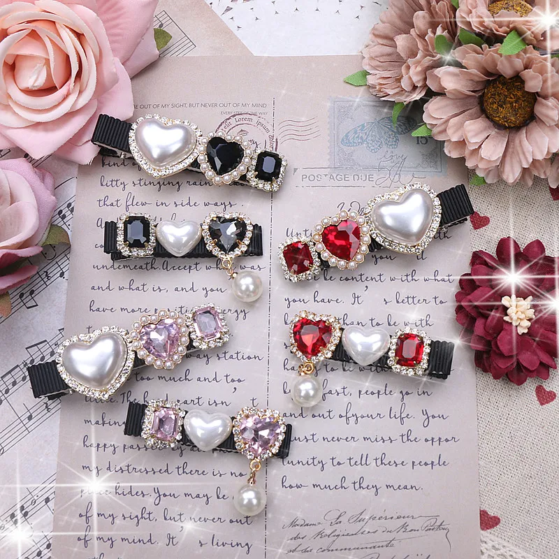 

Original Handmade Japanese Sweet and Cute Lady Rhinestone Love Pearl Pendant Hairpin Hair clip Pair Women's Hair Accessories