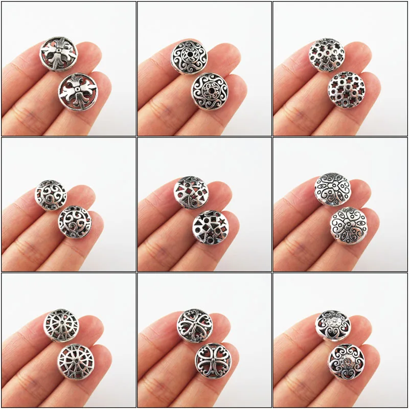 Fashion New 8Pcs Round Flat Flower Heart Stare Knot Morning Glory Charms Tibetan Silver Plated Spacer Beads