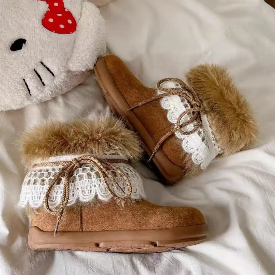 

Winter Thick Soled Outdoor Cold Proof Cotton Shoes Women's Snow Boots Round Toe Thickened Warm Lace Ankle Boots Zapatos De Mujer