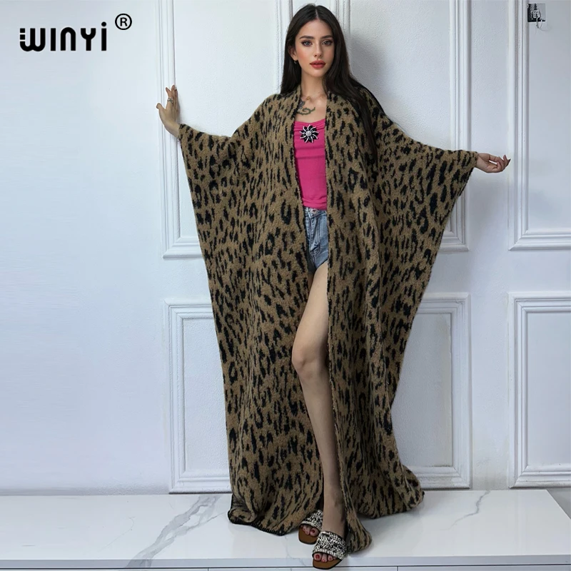 WINYI Winter Women Leopard print Africa cardigan Thick comfortable Warm Female over coat poncho long down jacket loose outerwear