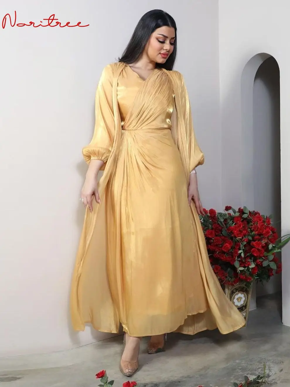 2 Pieces Shiny Djellaba Muslim Dress Sets Muslim Suits Elegant Long Islamic Women Modest Wear Clothing Sunscreen Sets WY1502