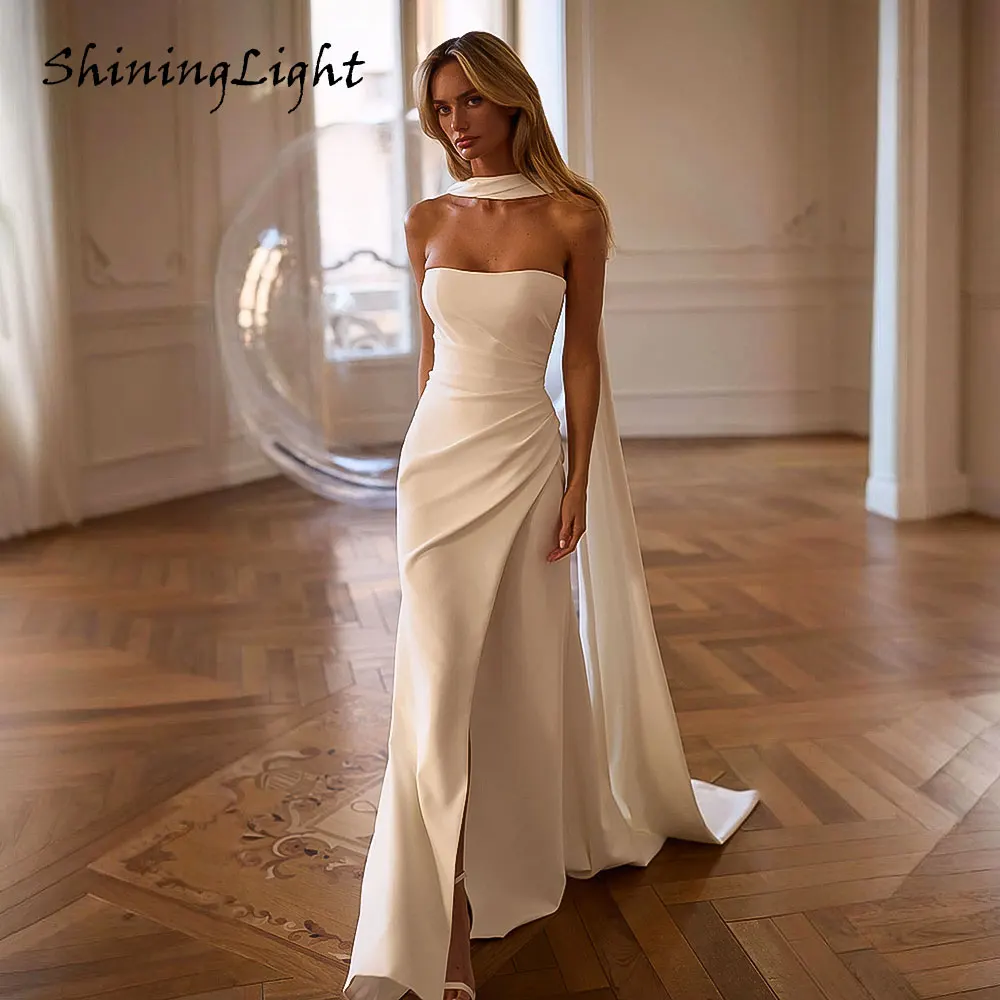 

ShiningLight Ivory Ribbons Strapless Mermaid Wedding Dress Sleeveless Backless Simple and Elegant Pleats Bridal Gowns Customized