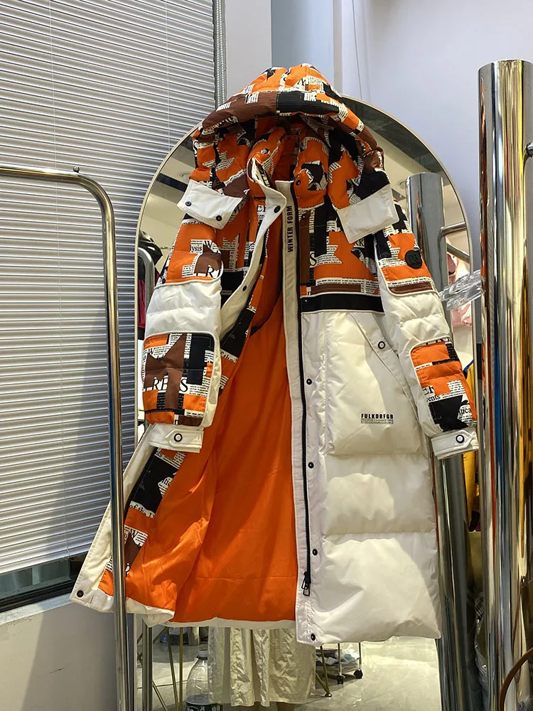 2025年トレンド新色ブロックダウンジャケット レディース 膝丈 ルーズ 厚手 冬 カラーコントラスト スリムダウンコート