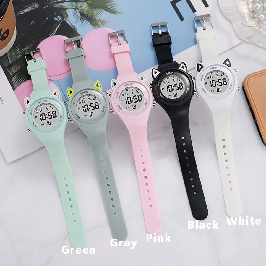 Orologi elettronici per studenti per bambini per ragazze e ragazzi Orologio da polso elettronico semplice a LED sportivo digitale con orecchio di gatto carino Relogio per bambini