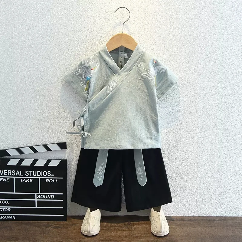 

Hanfu boys' Summer Baby Chinese Style Ancient Suit Children's Summer Clothes Boys Cotton Linen Thin Section Tang Suit Two Sets