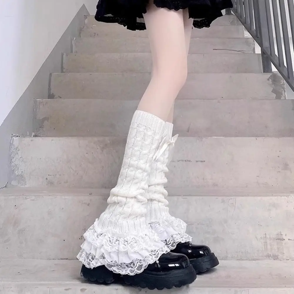 Ruffled Design Knitted Leg Warmer Warm Knitted Fabric Bow Tiered Bow Tiered Socks Lace Trim T-shaped Lace Socks Winter Season