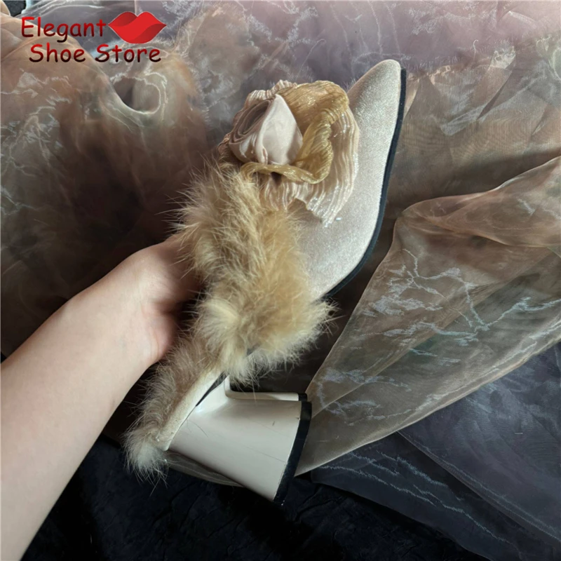 

Retro Flower Fur High Heels for Women Elegant Square Toe Thick Heel Half Slippers Spring Summer Sweet Fairy Party Wedding Shoes