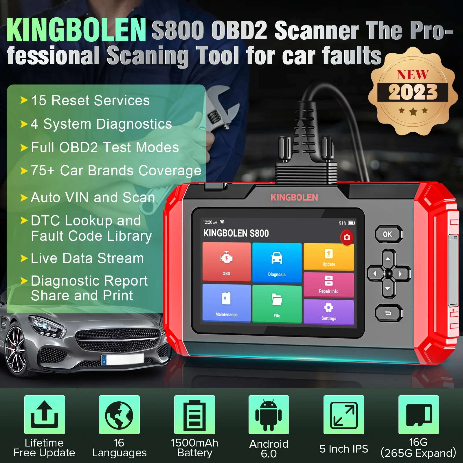 KINGBOLEN S800 4 Systems Engine ABS SRS Transmission OBD2 Scanner 15 Resets Scan Tool EOBD Diagnostic Tool Lifetime Free Update