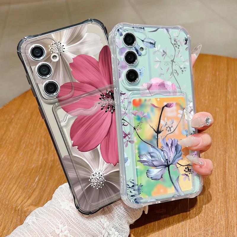 Vintage Flower Print Card Slot Case For Samsung A57 A37 A17 A56 A36 A16 A55 A35 A15 A54 5G S21 FE S22 S23 S24 S25 Plus S26 Ultra