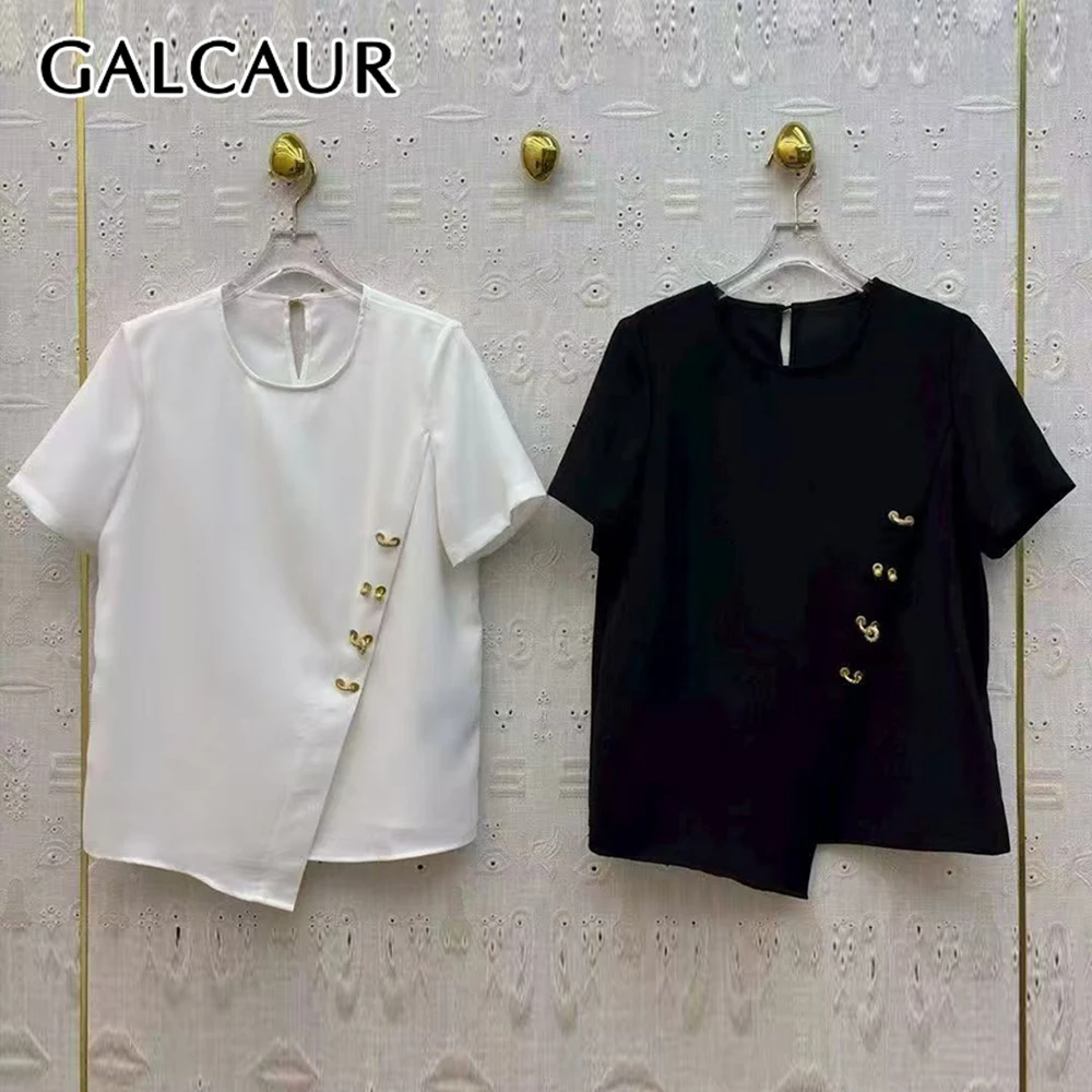 GALCAUR Solid Slimming Spliced Hollow Out Chic T Shirts for Women Round Neck Short Sleeves Irregular Top Female Fashion Style