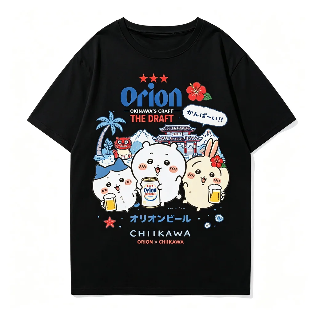 Kawaii Anime Sommerurlaub Ästhetik Chiikawa Orion Bier Okinawa Kollaborations-Print Baumwolle Herren Damen Universelles Rundhals-T-Shirt – Detail 5