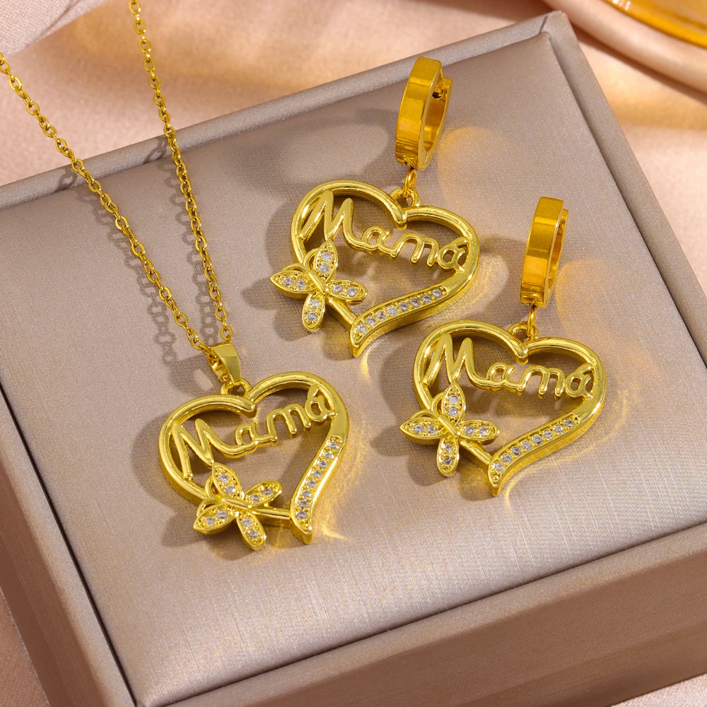 Nuevo conjunto de joyería de collar y aretes con colgante de corazón en forma de mamá, chapado en oro de 18K, para mujer, cadena de acero inoxidable.