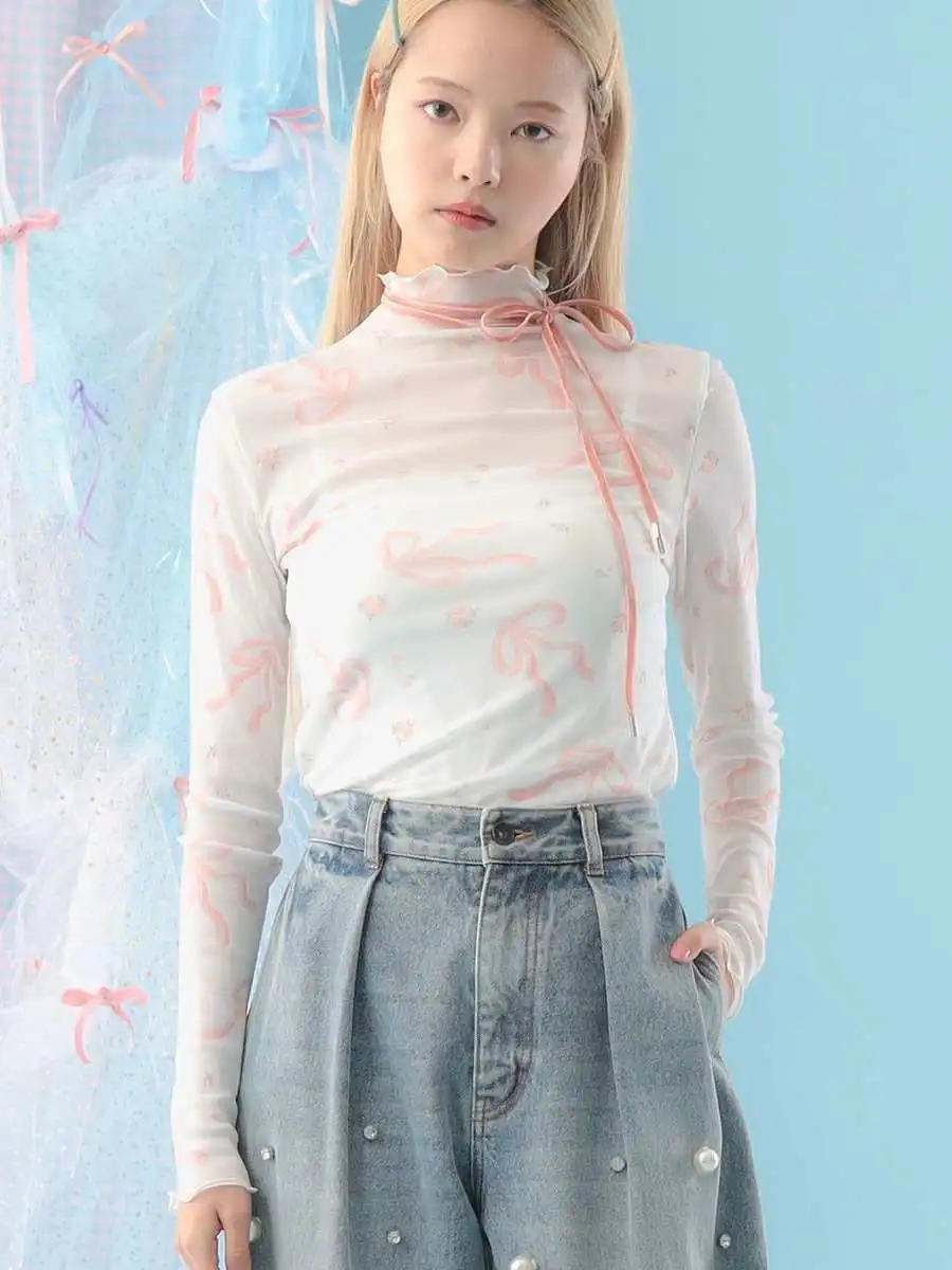 Cute  Knot Print Long Sleeve T-Shirt Women's White Cuffed Belted Top Sweet Style Standard Fit Autumn Fashion Ladies'...