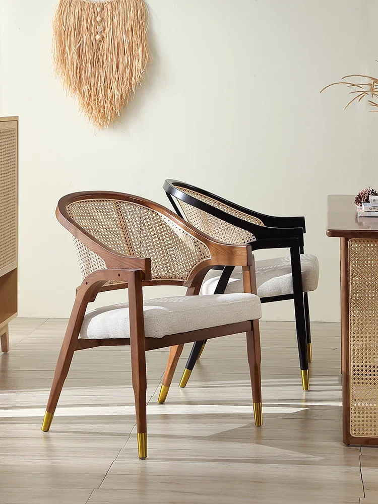 

Nordic retro dining chair solid wood rattan leisure chair cafe restaurant soft bag armchair designer single rattan chair