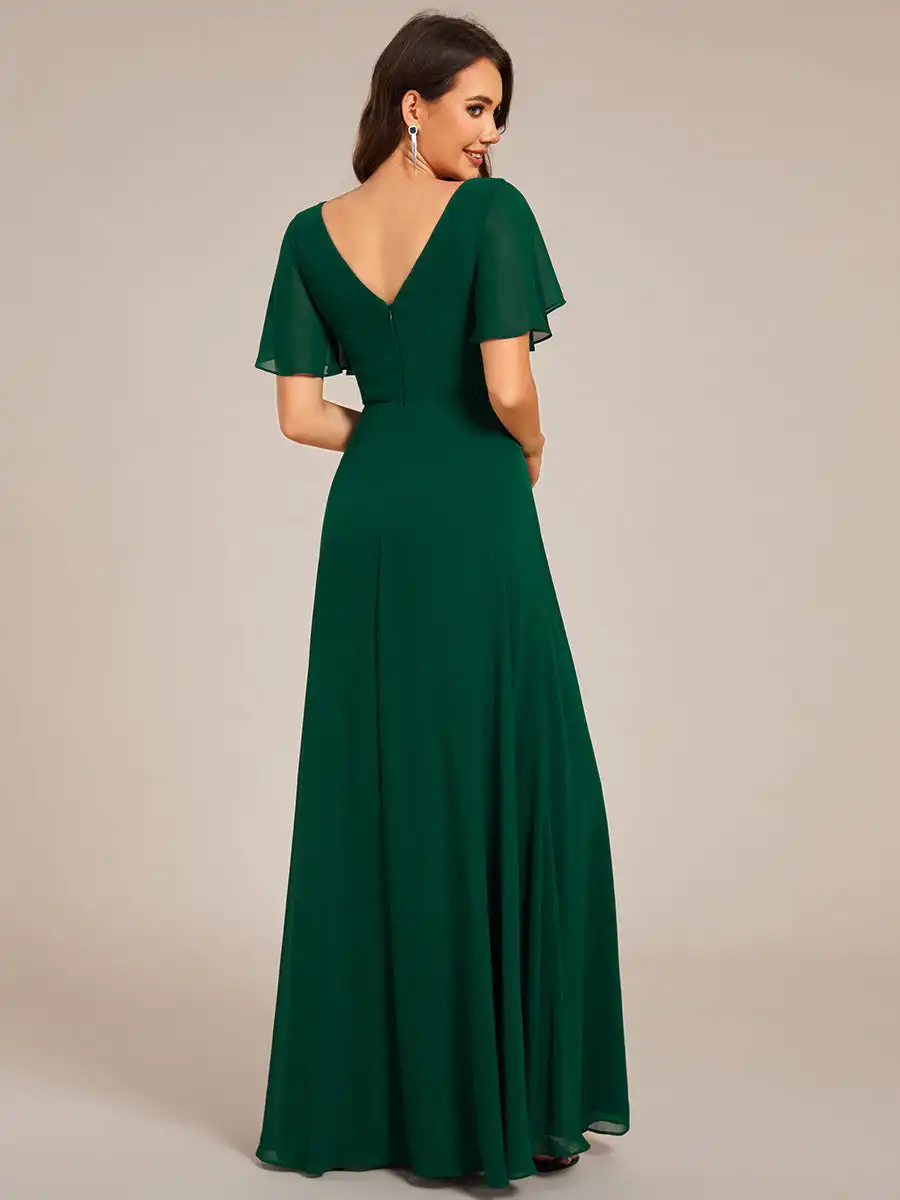 Elegant Evening Dress V-neck Ruffles Sleeve Pleated Applique Decoration 2024 Ever Pretty of Chiffon Dark Green Bridesmaid Dress