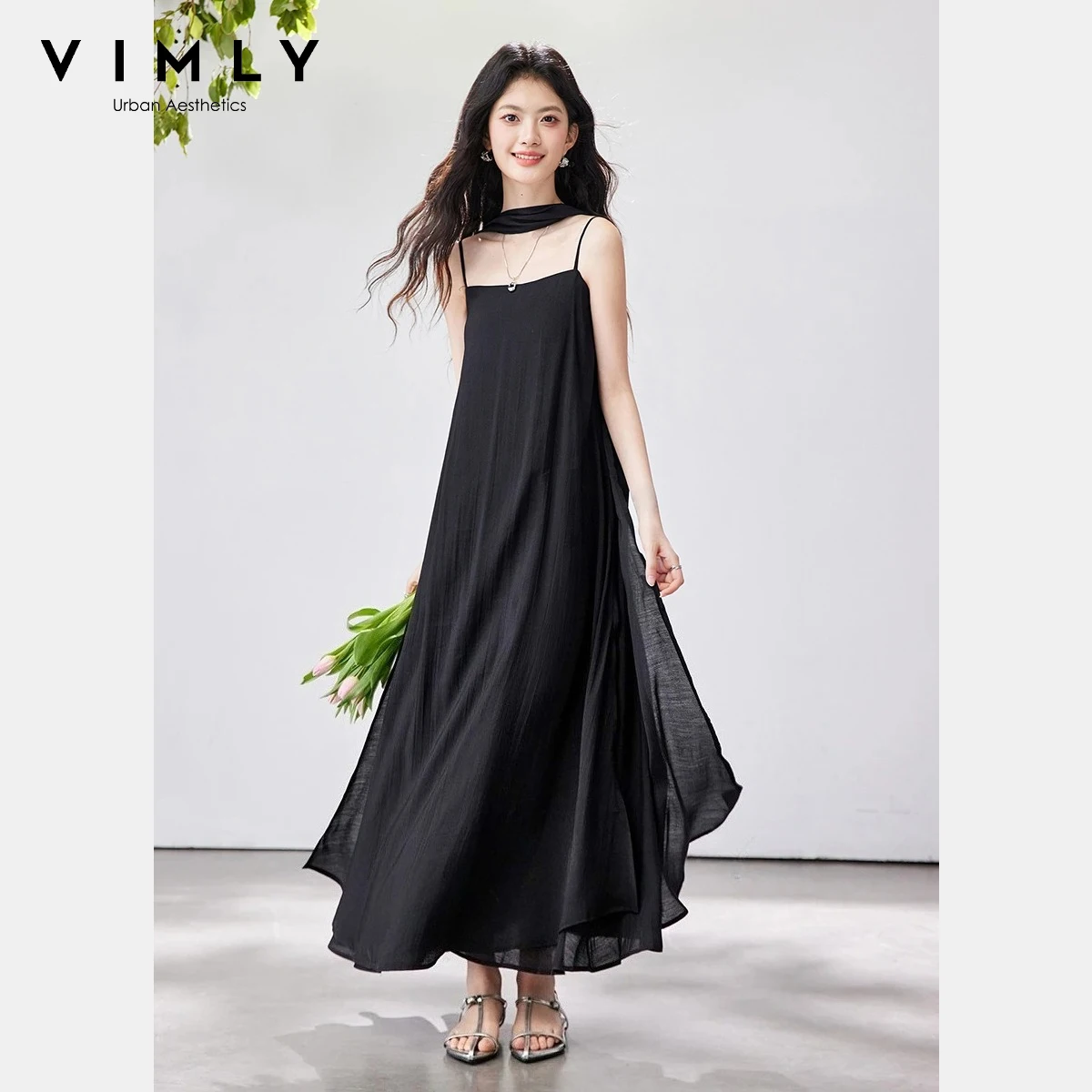 Vestido Negro sin Mangas para Mujer VIMLY, Verano 2026, Nuevo Estilo Francés Elegante, Hombros Descubiertos, Bufanda Extraíble, Vestido Casual Línea A 30779